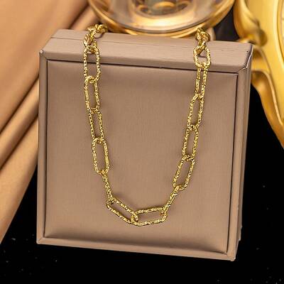 304 Stainless Steel Textured Paperclip Chain Necklaces for Women Men