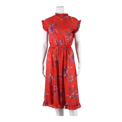 Belted Womens Day Dress Red Mesh Floral Sleeveless Long M