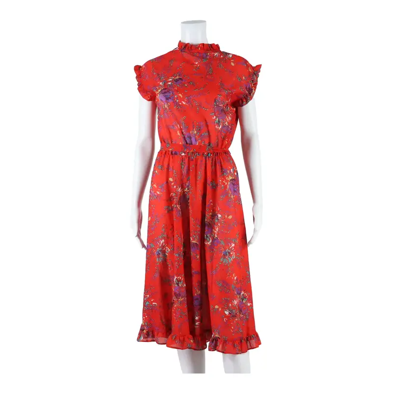 Belted Womens Day Dress Red Mesh Floral Sleeveless Long M