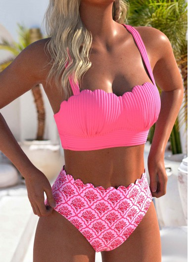 Modlily Scalloped Hem Floral Print Hot Pink Bikini Set - XL