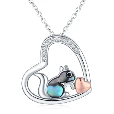 Sterling Silver Two-tone Abalone Shellfish Squirrel & Heart Pendant Necklace
