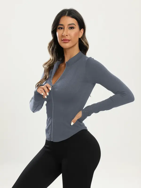 Women's Zip Up Stand Collar Sports Jacket, Sport Long Sleeve Thumb Hole Design Jacket, Summer Outfits 2024, Fall Clothes