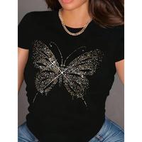 Butterfly Print Crew Neck T-shirt, Short Sleeve Casual Top For Spring & Summer, Women's Clothing