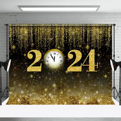 Aperturee Black Gold Bokeh Clock Happy New Year Backdrop