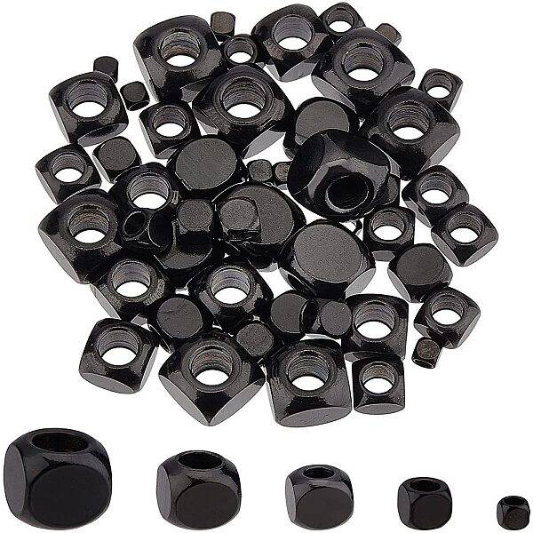 UNICRAFTALE About 50pcs 5 Sizes Electrophoresis Black Cube Beads Stainless Steel Square Beads Metal Loose Beads for Jewelry M...