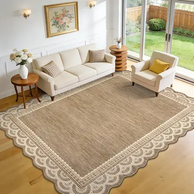 Garvee Scalloped Lace 5x7 Area Rug for Living Room, Brown Rug for Bedroom Dorm, Washable Rugs Soft Low Pile Non Slip Scallope...