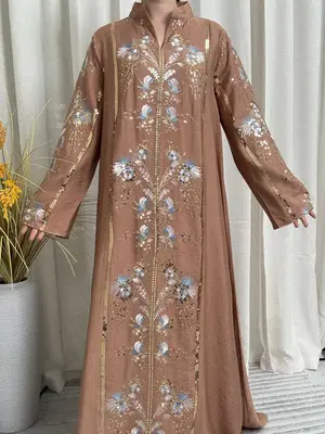 Elegant Muslim Abaya Dress for Women, Long Sleeve Woven Fabric, Loose-Fitting Islamic Clothing, All Seasons Wearable