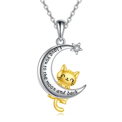 Sterling Silver Two-Tone Cubic Zirconia Cat And Moon Star Pendant Necklace With Engraved Word For Women