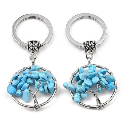 Synthetic Turquoise Flat Round with Tree of Life Pendant Keychain