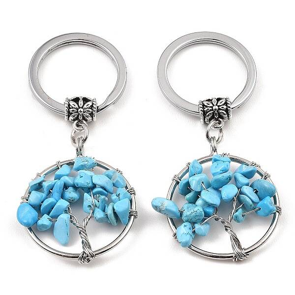 Synthetic Turquoise Flat Round with Tree of Life Pendant Keychain