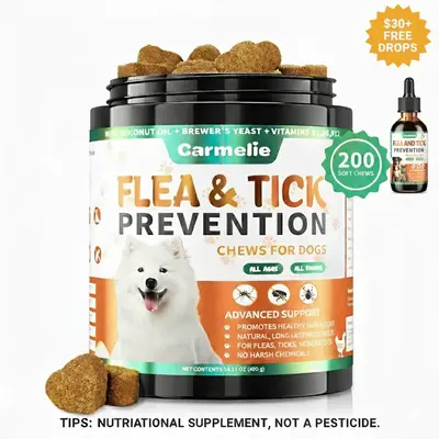 Carmelie Flea & Tick Prevention Support Chews for Dogs β Nutritional Supplement, Not a Treatment β 120/200 Count, Plant-B...