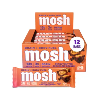 MOSH Peanut Butter Chocolate Crunch Protein Bars, 12ct, Grass-Fed Whey Protein, Gluten-Free, Lion's Mane, Workout Recovery, S...