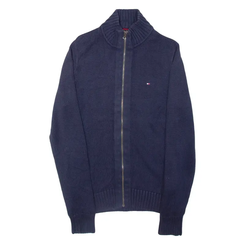 TOMMY HILFIGER Mens Cardigan Blue High Neck Tight Knit S