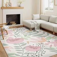 【Summer Turn-Up】WondRg  Pink/Green Pet Friendly Area Rug  Boho Living Room Rug Floral Washable Bedroom Carpet Non Slip Wi...