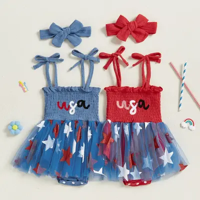 Toddler Baby Girl 4th of July Romper Dress Letter Embroidery Star Print Sleeveless Tie Strap Jumpsuit with Headband