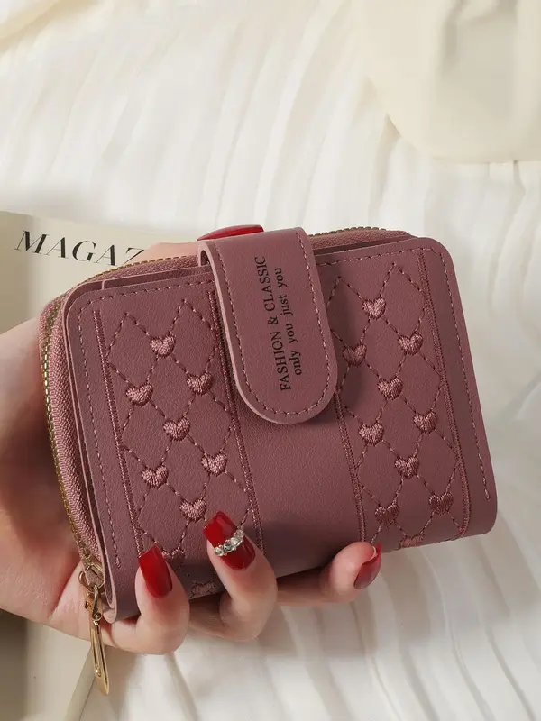 Women's  Random Pattern Minimalist Plain Pu Leather Zipper Short Wallet, Casual Portable Coin Purse for Women & Girls, All-m...