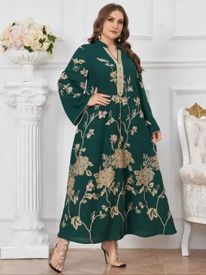 ćPlus Sizeć Floral Embroidery Notched Neck Dress, Modest Long Sleeve Arabian Dress for Daily Wear, Women's Islamic Clothi...