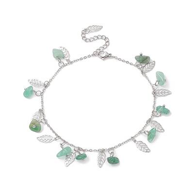 Natural Green Aventurine Chips & Leaf Charms Anklet