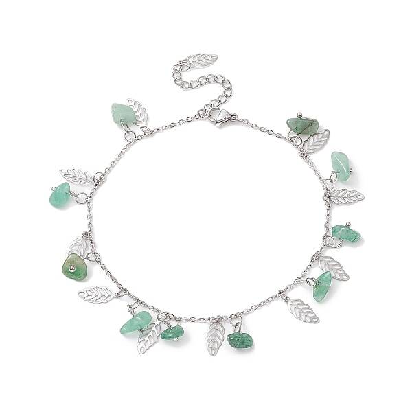 Natural Green Aventurine Chips & Leaf Charms Anklet