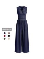 Women's Plain Ruched Deep V Neck Ribbed Jumpsuit, Elegant Fitted Sleeveless Wide Leg Jumpsuit for Summer, Minimalist Womenswe...