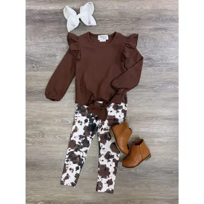 Brown Cow Brown Cow Girls or Toddler Size Waffle Knit Tie Top and Animal Print Leggings Outfit 2 Piece Set