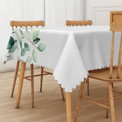 Ink Green Leaves Simple White Rectangle Tablecloth - Aperturee