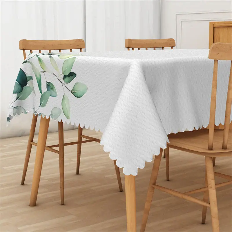 Ink Green Leaves Simple White Rectangle Tablecloth - Aperturee