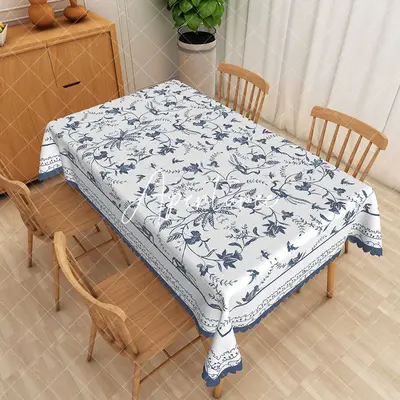 Aperturee Blue Flower Bird Pattern Rectangle Tablecloth, 52 x 70 inch, 30.82 USD, rectangle tablecloths, ZJY05017-A