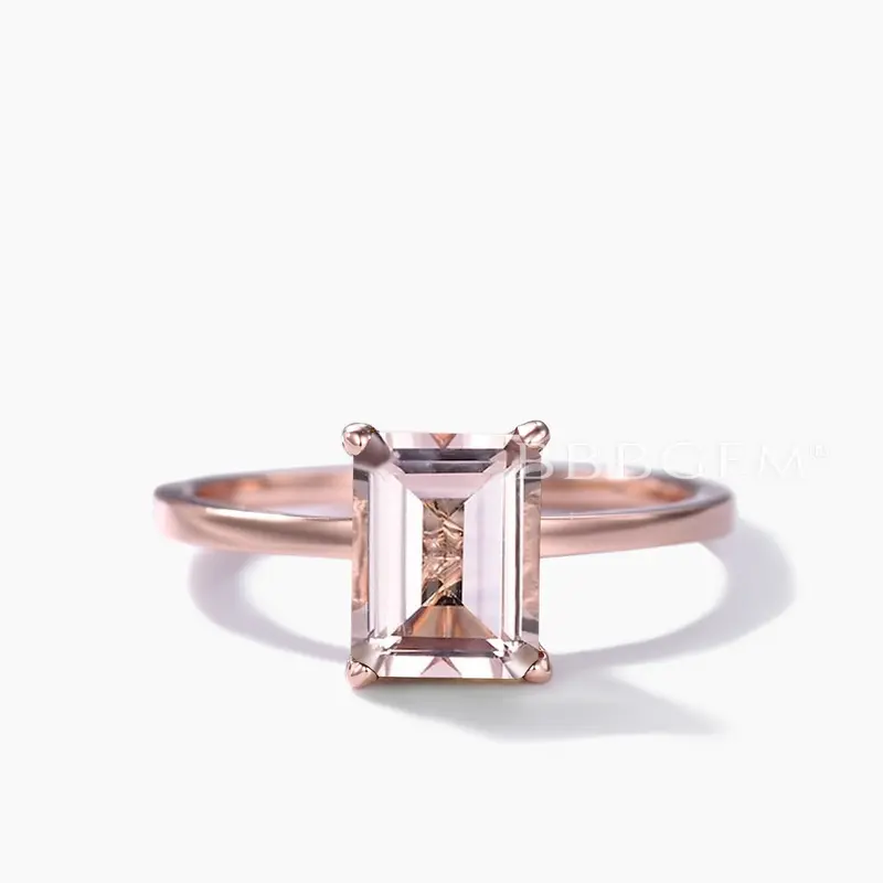 Solitaire 6x8mm Emerald Cut Morganite Engagement Ring Diamond Hidden Halo
