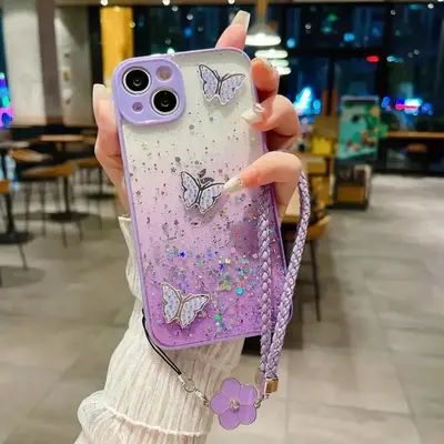Glitter Butterfly Design Phone Case With Flower Lanyard, Decorative Phone Protective Cover, Phone Accessory Compatible With i...