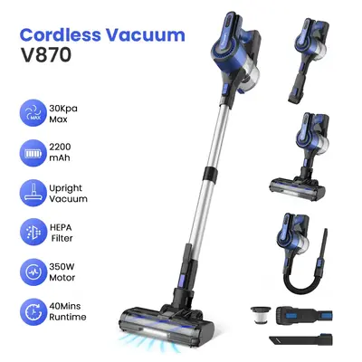 Cordless Vacuum Cleaner, 30Kpa Rechargeable Stick Vacuum with 350W Brushless Motor, Up to 40 Runtime, 8 in 1 Lightweight Vacu...