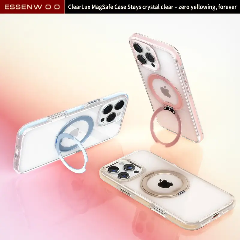 ESSENWOO Magnetic 360° Rotational Stand Shockproof iPhone Clear Protective Case, Wireless, MagSafe Charging Compatible with ...