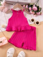 Toddler Girl's Solid Ribbed Tank Top & Shorts Two-Piece Set, Casual Sleeveless Top & Shorts for Summer, Kids Clothes for Dail...