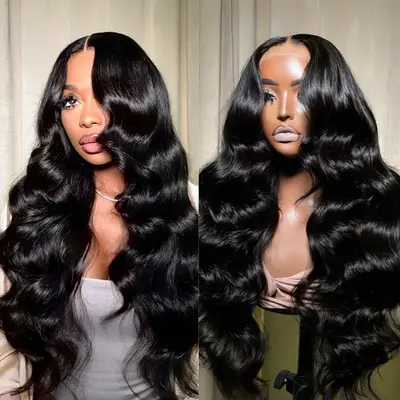13x6 Full Transparent Lace Front Wigs Body Wave Natural Black Ashimary Hair