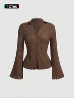 Women's Plain Lettuce Trim Flounce Sleeve Button Front Blouse, Chic Casual Soft Long Sleeve Collared Top for Daily Wear, Lad...