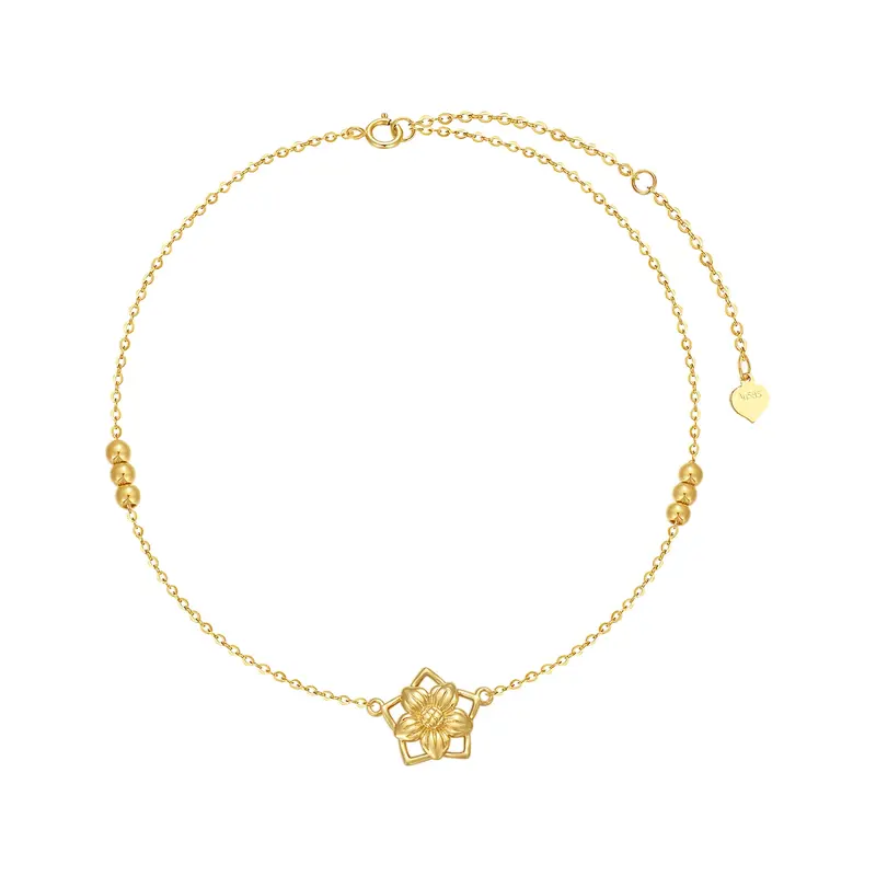 14K Gold Daisy & Bead & Star Single Chain Anklet