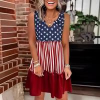 American Flag Star Vertical Stripes Ruffle Mini Dress Womens 4th of July Patriotic Dress Casual Color Block Dress