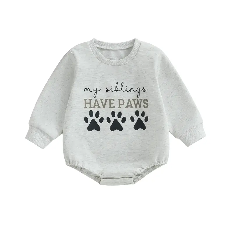 Infant Baby Boy Girl Long Sleeve Sweatshirt Romper Bubble Bodysuit My Siblings Have Paws Print  Jumpsuit