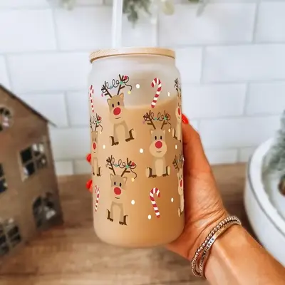 Sip-Sip Hooray! 16oz Christmas Glass Cup – Holiday Iced Coffee Tumbler with Lid & Straw, Christmastok Gift, Cute Gingerbrea...