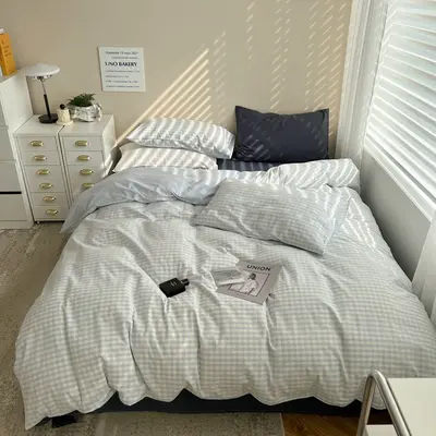 Pastel Bedding Plaid bedsheets | Color: Blue | style: 1.5to1.8M Flat Sheet 4PCS Set
