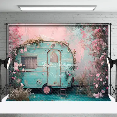 Vintage Blue RV Pink Flower Spring Photo Backdrop - Aperturee