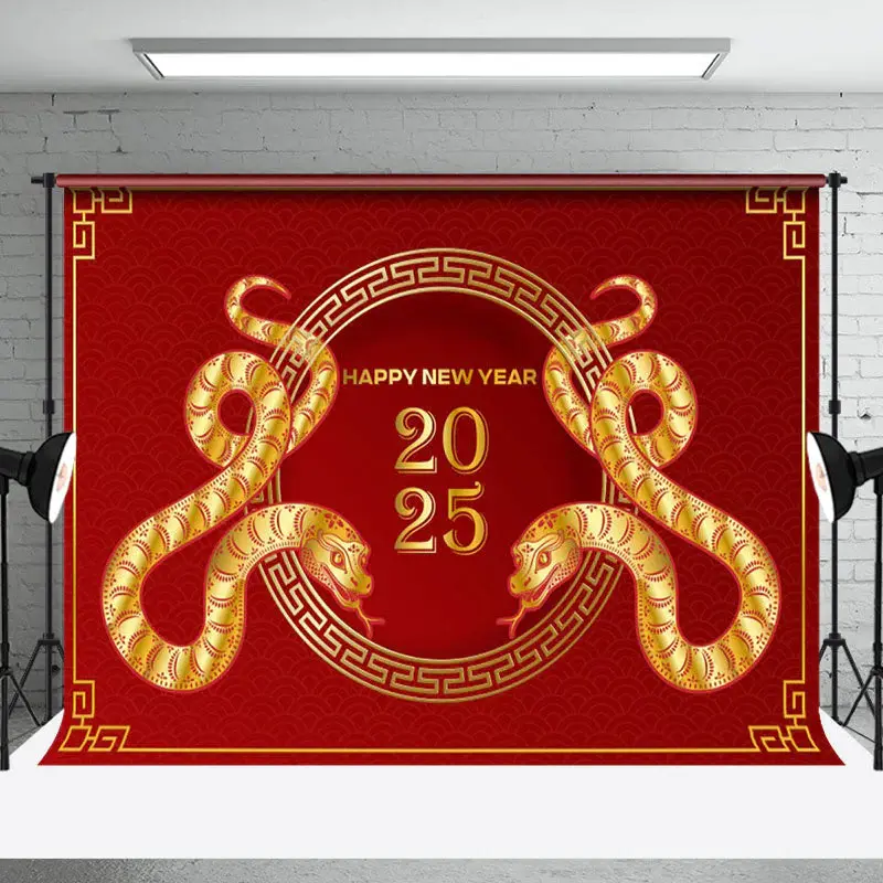 Aperturee Simple Red Gold Zodiac Snake 2025 New Year Backdrop - Aperturee