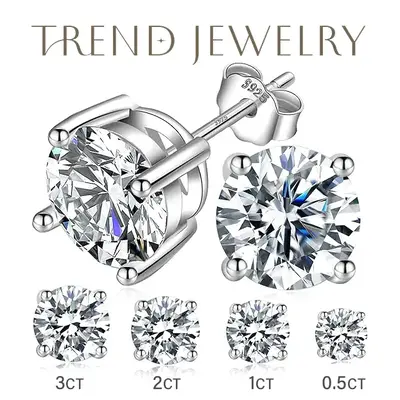 925 Sterling Silver Synthetic Moissanite Stud Earrings For Women Men Unisex Jewelry