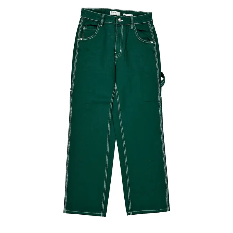 Bershka Contrast Stitch Carpenter Trousers - 28? Waist Green Cotton