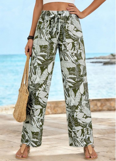 Modlily Olive Green Soft Leaf Print Straight Leg Pants - L