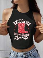 Women's Letter & Cowboy Boots Print Round Neck Tank Top, Casual Sleeveless Graphic Top for Daily Wear, Ladies Clothes for All...