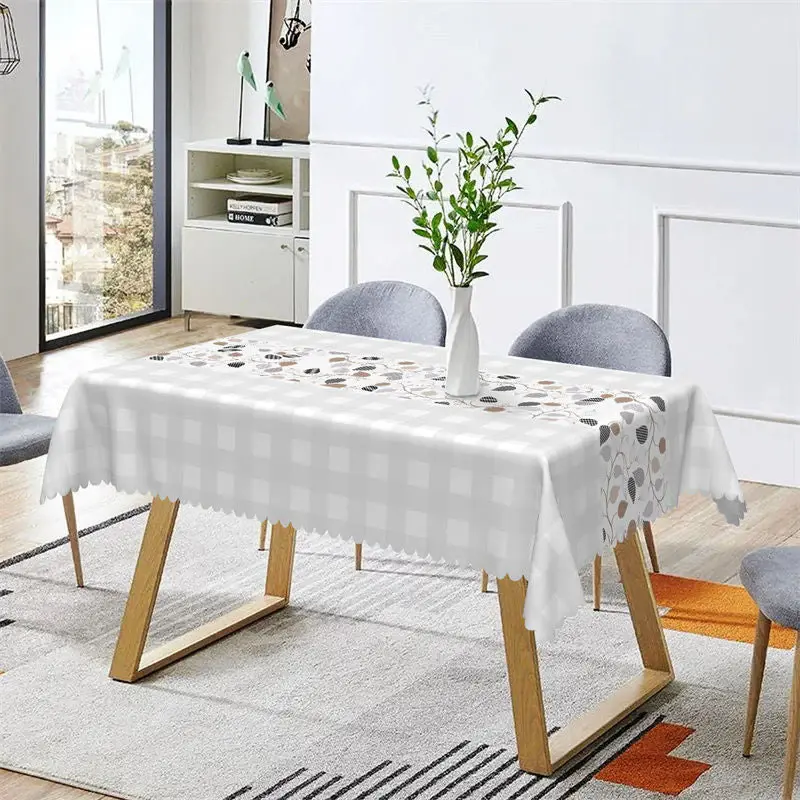 Leaves Light Grey White Plaid Rectangle Tablecloth - Aperturee