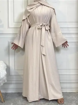 Two-piece Set Women's Solid Belted Long Outwear & Tank Dress, Casual Long Sleeve Open Front Outerwear & Dress, Modest Clothes...