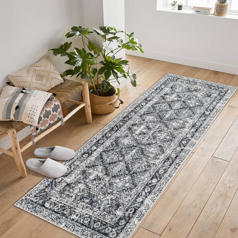 Garvee 2'x6' Washable Area Rugs, Vintage Boho Non-Slip Low Pile Rug for Living Room, Office, Kids Room, Gray