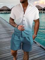 Men's Ombre Print Shirt & Elastic Waist Shorts Loungewear Two-piece Set, Regular Fit Casual Comfy Short Sleeve Collared Top &...